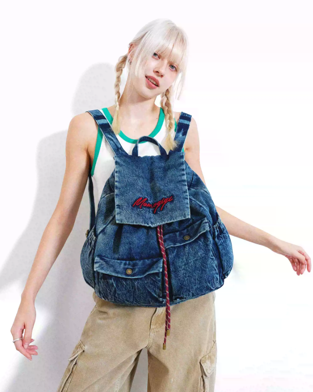Momogigi Vintage Washed Denim Backpack with Large Capacity