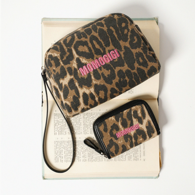 Momogigi Washed Leopard Pink Embroidered Canvas Card Holder