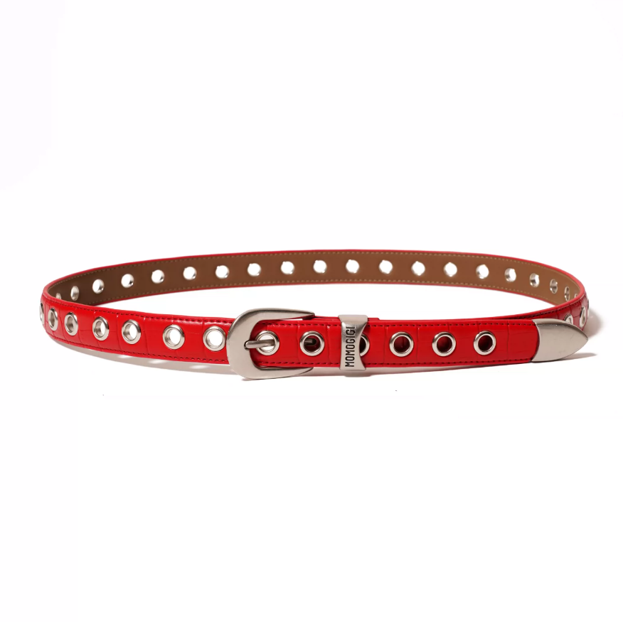 Momogigi Studded Croc-Embossed Leather Slim Belt