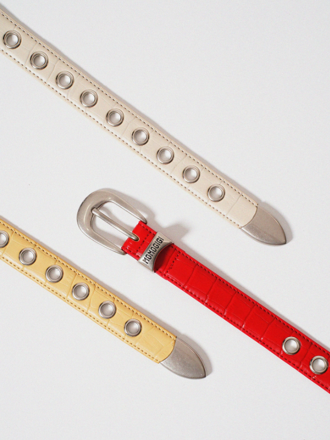 Momogigi Studded Croc-Embossed Leather Slim Belt